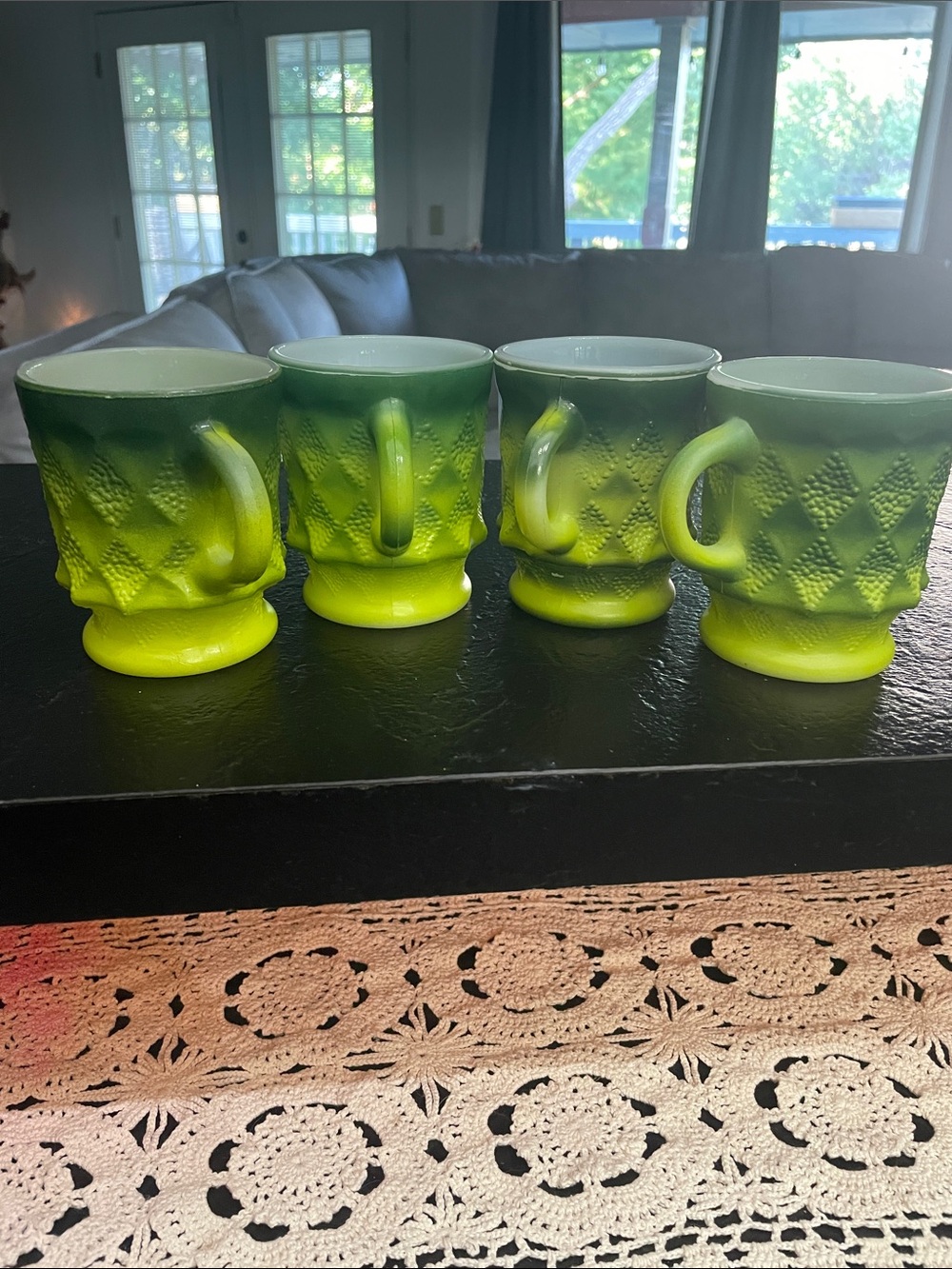 Fire King Kimberly Green Ombre Diamond Textured Glass Mugs - Set of 4 - Picture 2 of 10